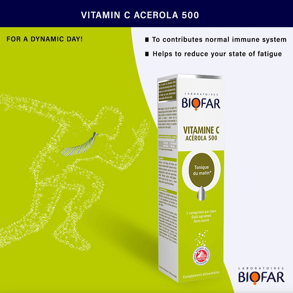 Biofar Vital Vitamin C Acerola 500mg Morning Tonic Effervescent Tablets, Citrus Flavor, Pack of 20's - Easy Pharmacy LLC
