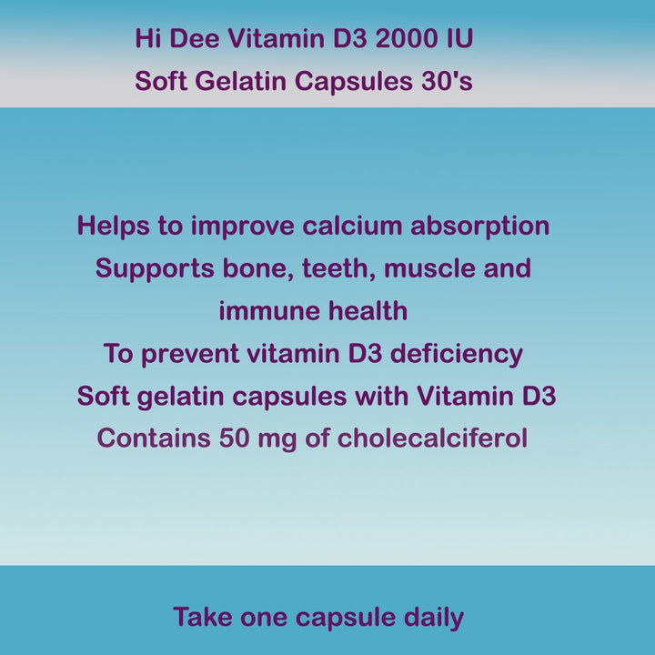 Hi Dee Vitamin D3 2000 IU Soft Gelatin Capsules 30's - Easy Pharmacy LLC