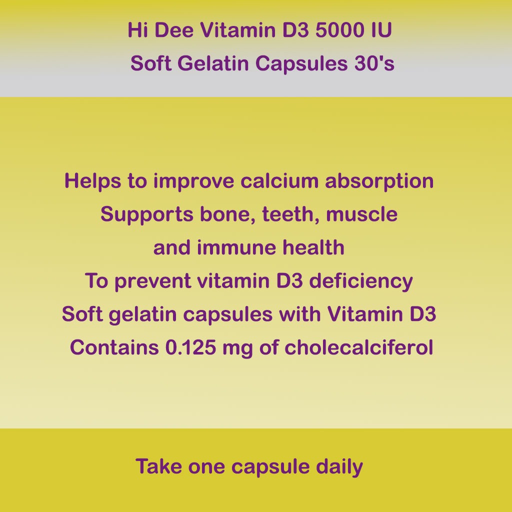 Hi Dee Vitamin D3 5000 IU Soft Gelatin Capsules 30's - Easy Pharmacy LLC