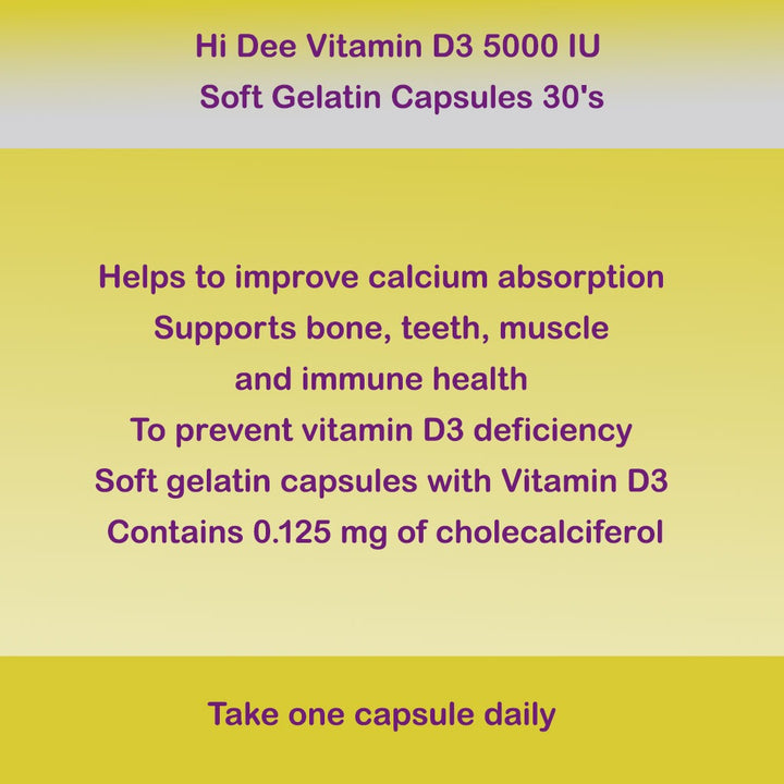 Hi Dee Vitamin D3 5000 IU Soft Gelatin Capsules 30's - Easy Pharmacy LLC