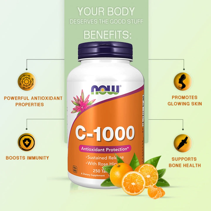 Now Vitamin C 1000mg Sustained Release Tablets With Rose Hips For Antioxidant Protection & Immune Support, Pack of 250's - Easy Pharmacy LLC