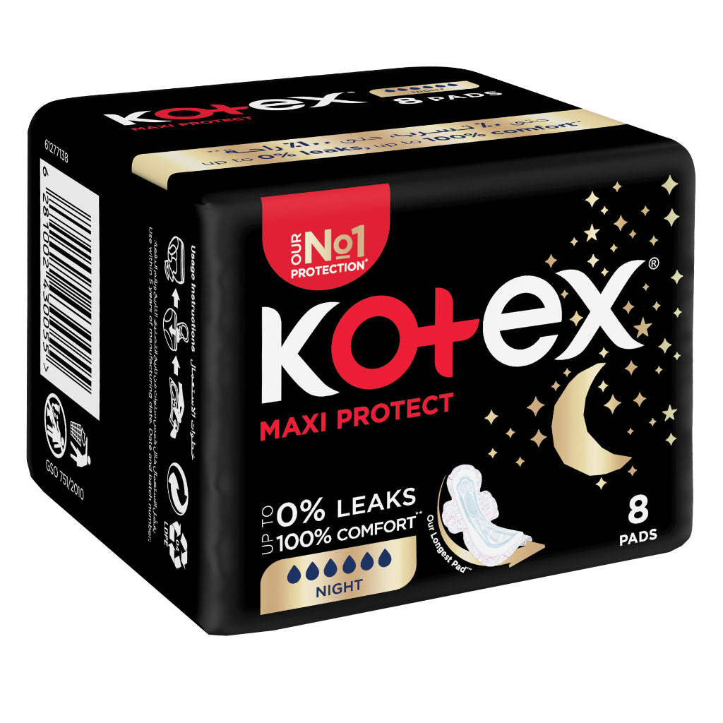 Kotex Maxi Protect Thick Sanitary Pads With Wings For Overnight Protection, Pack of 8's - Easy Pharmacy LLC