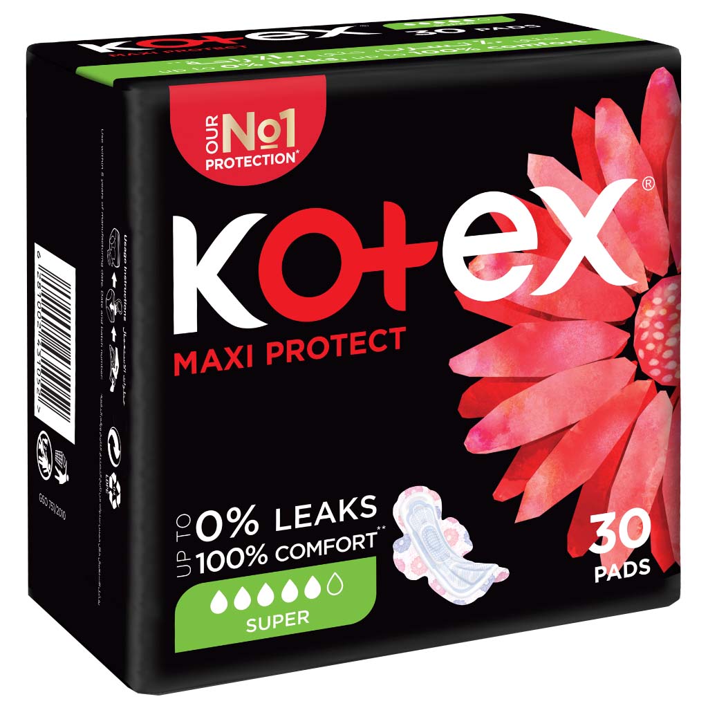 Kotex Maxi Protect Thick Pads With Wings, Super Size, Pack of 30's - Easy Pharmacy LLC