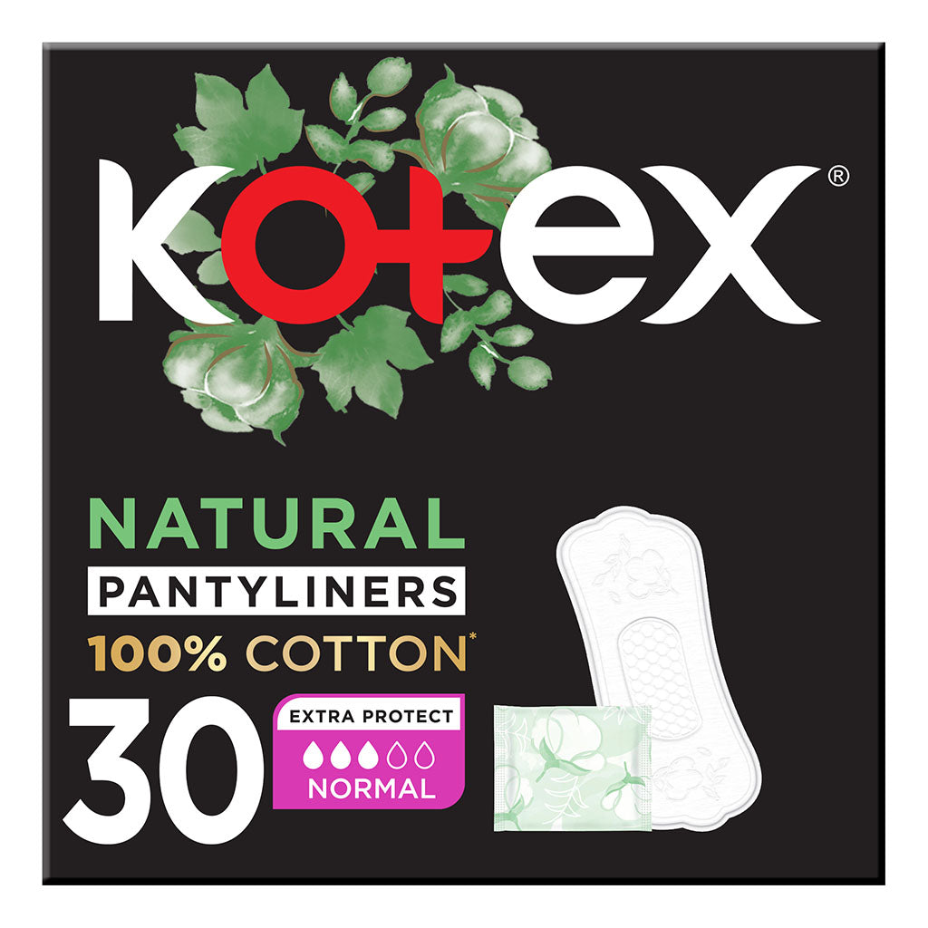Kotex Natural Panty Liners Made Of 100% Cotton For Extra Protection, Normal Size, Pack of 30's - Easy Pharmacy LLC