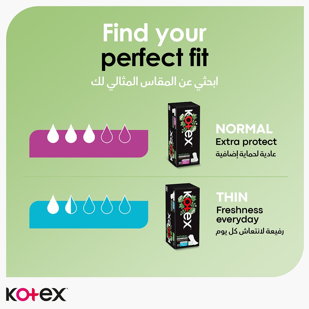 Kotex Natural Panty Liners Made Of 100% Cotton For Extra Protection, Normal Size, Pack of 30's - Easy Pharmacy LLC