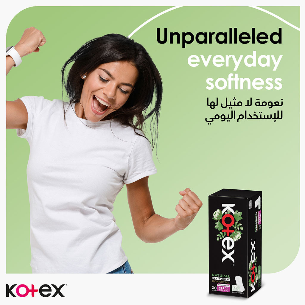 Kotex Natural Panty Liners Made Of 100% Cotton For Extra Protection, Normal Size, Pack of 54's - Easy Pharmacy LLC