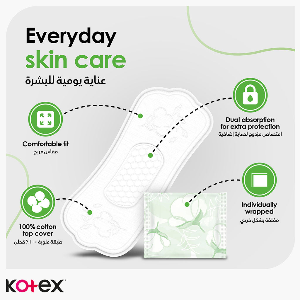 Kotex Natural Panty Liners Made Of 100% Cotton For Extra Protection, Normal Size, Pack of 54's - Easy Pharmacy LLC