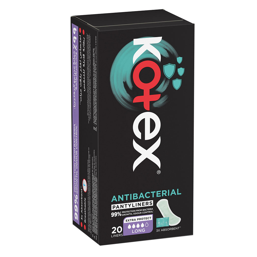 Kotex Antibacterial Daily Panty Liners For 99% Protection from Bacteria, Scented, Long Size, Pack of 20's - Easy Pharmacy LLC