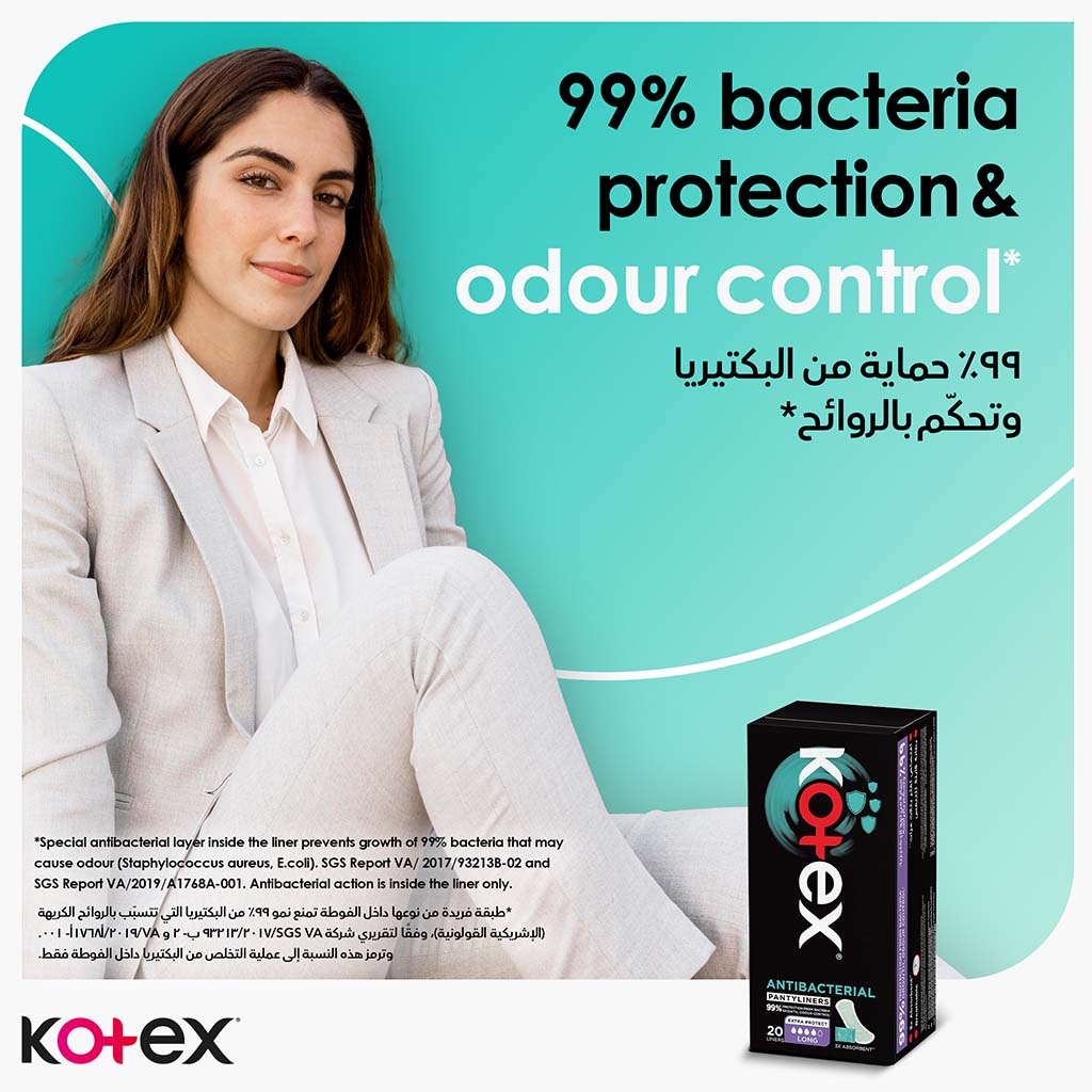 Kotex Antibacterial Daily Panty Liners For 99% Protection from Bacteria, Scented, Long Size, Pack of 20's - Easy Pharmacy LLC