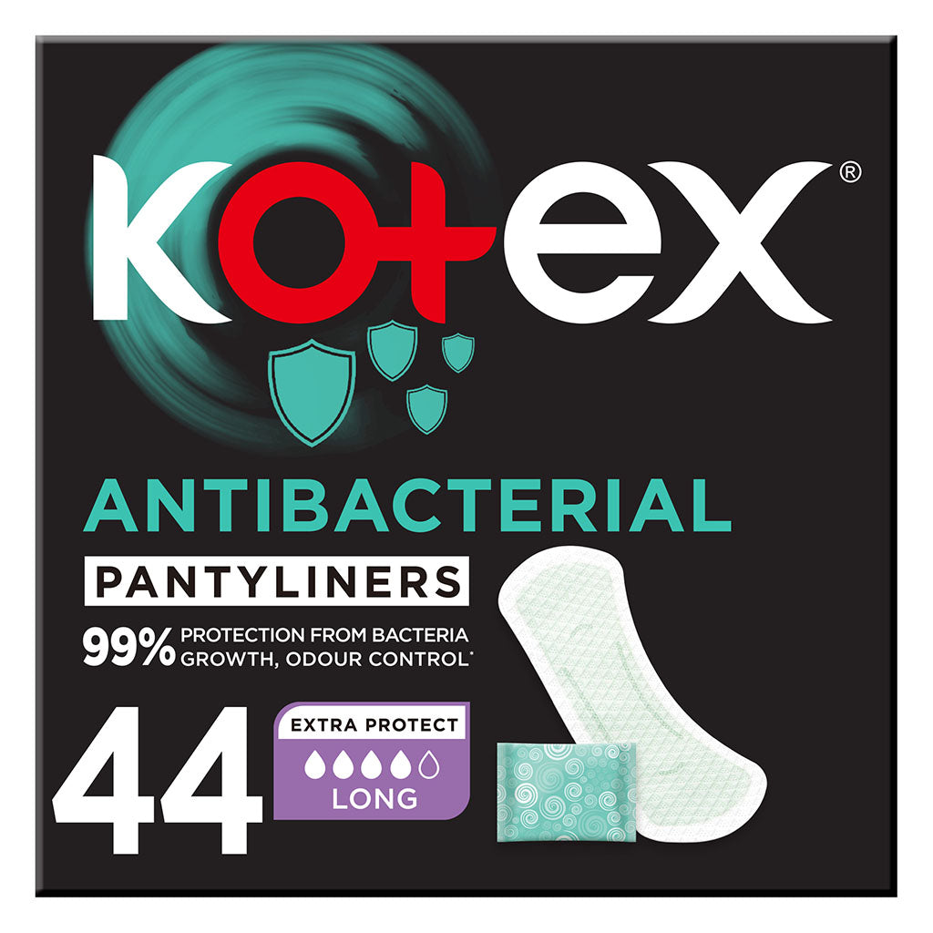 Kotex Antibacterial Daily Panty Liners For 99% Protection from Bacteria, Long Size, Pack of 44's - Easy Pharmacy LLC