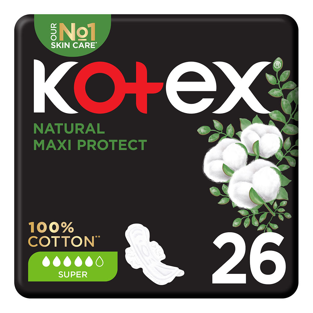 Kotex Natural Maxi Protect Thick 100% Cotton Pad With Wings, Super Size, Pack of 26's - Easy Pharmacy LLC