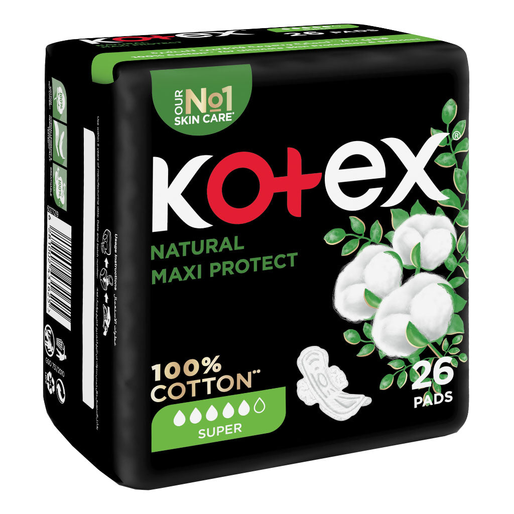 Kotex Natural Maxi Protect Thick 100% Cotton Pad With Wings, Super Size, Pack of 26's - Easy Pharmacy LLC