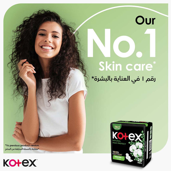 Kotex Natural Maxi Protect Thick 100% Cotton Pad With Wings, Super Size, Pack of 26's - Easy Pharmacy LLC