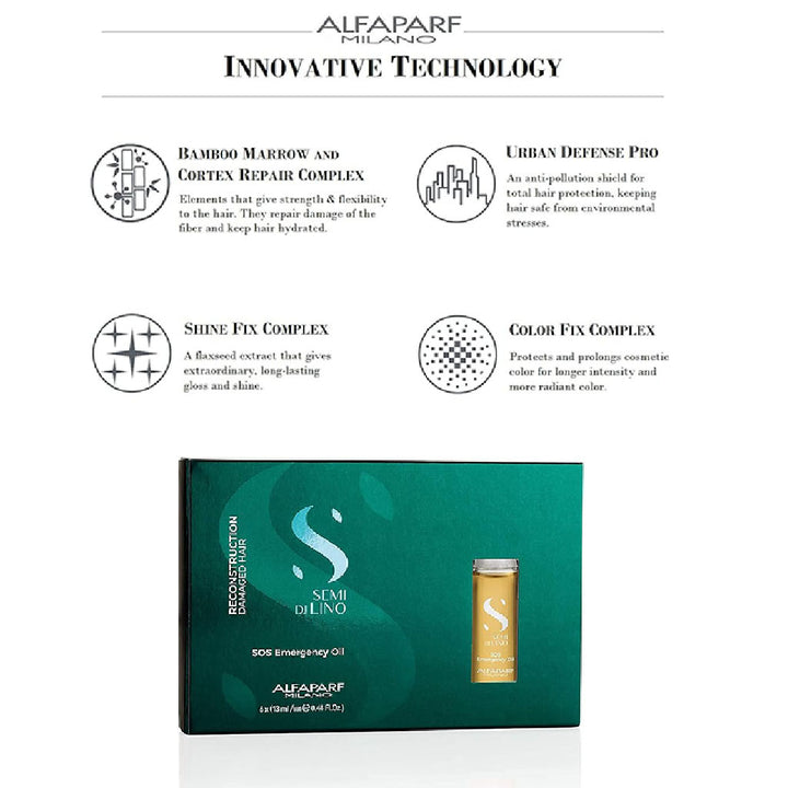 Alfaparf Milano Semi Di Lino SOS Emergency Hair Oil Professional Reconstruction Treatment For Damaged Hair, Pack of 6 x 13ml Vials - Easy Pharmacy LLC