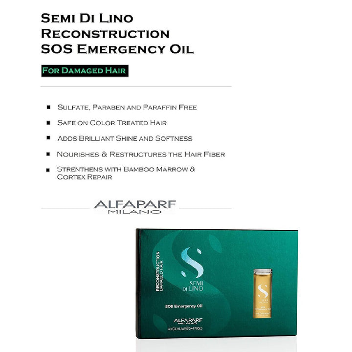 Alfaparf Milano Semi Di Lino SOS Emergency Hair Oil Professional Reconstruction Treatment For Damaged Hair, Pack of 6 x 13ml Vials - Easy Pharmacy LLC