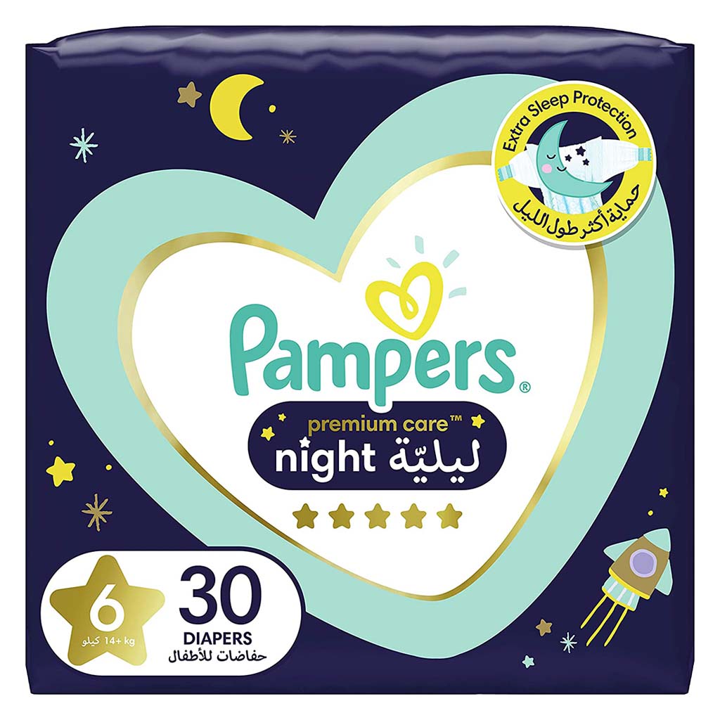 Pampers Premium Care Night Baby Diapers, Size 6, 14+Kg, Pack of 30's - Easy Pharmacy LLC