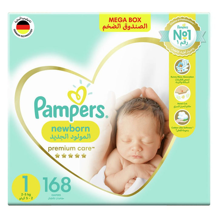 Pampers Premium Care Newborn Diapers, Size 1, 2-5Kg, Pack of 168's - Easy Pharmacy LLC