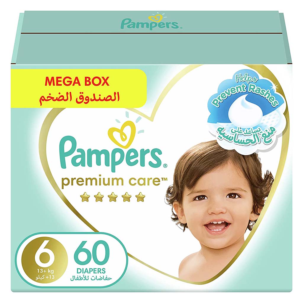 Pampers Premium Care Baby Diapers, Size 6, 13+Kg, Mega Pack of 60's - Easy Pharmacy LLC