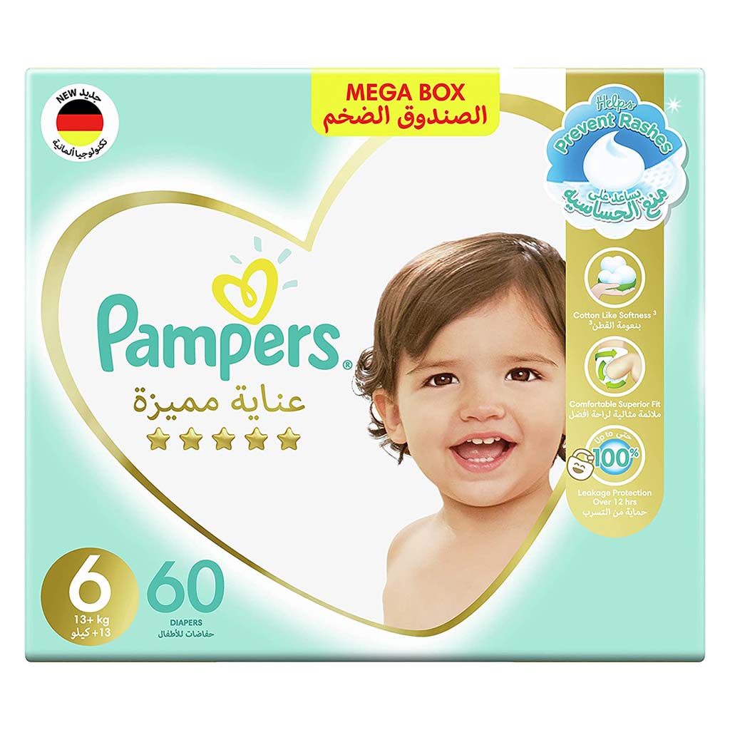 Pampers Premium Care Baby Diapers, Size 6, 13+Kg, Mega Pack of 60's - Easy Pharmacy LLC