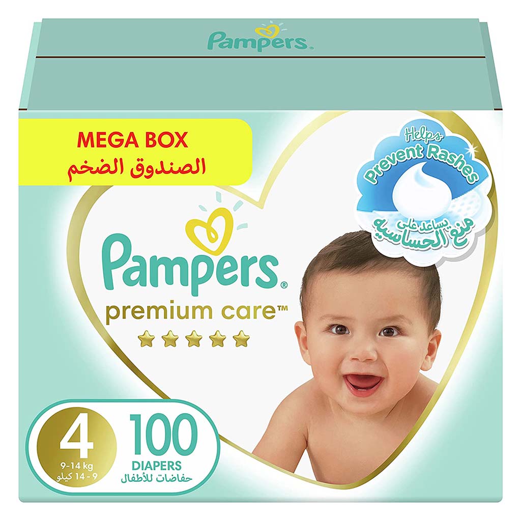 Pampers Premium Care Baby Diapers, Size 4, 9-14Kg, Mega Pack of 100's - Easy Pharmacy LLC