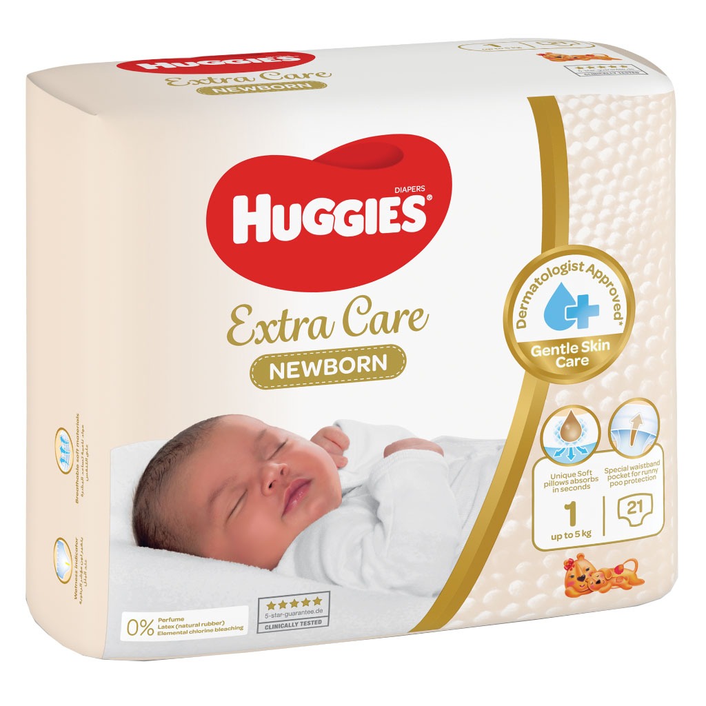 Huggies Extra Care Newborn Diapers, Size 1, Up to 5Kg, Pack of 21's - Easy Pharmacy LLC