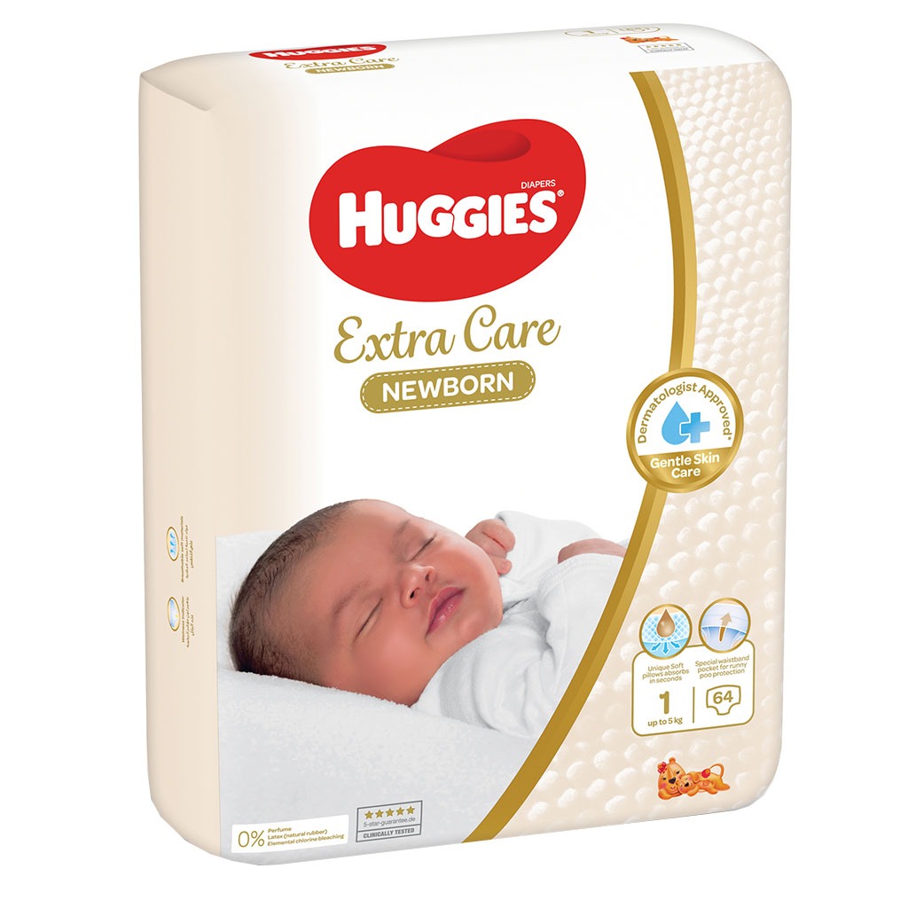 Huggies Extra Care Newborn Diapers, Size 1, Up to 5Kg, Jumbo Pack of 64's - Easy Pharmacy LLC