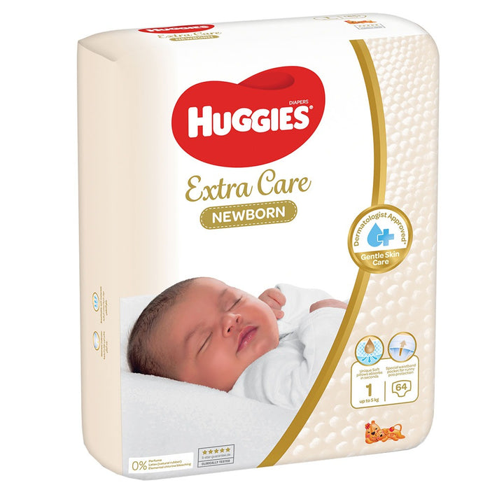 Huggies Extra Care Newborn Diapers, Size 1, Up to 5Kg, Jumbo Pack of 64's - Easy Pharmacy LLC
