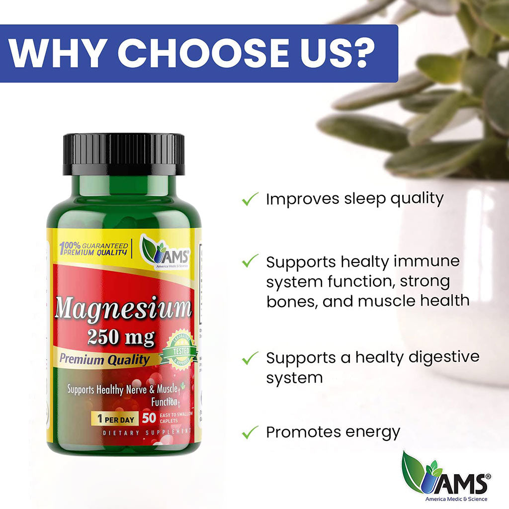 AMS Magnesium 250 mg Caplets 50's - Easy Pharmacy LLC