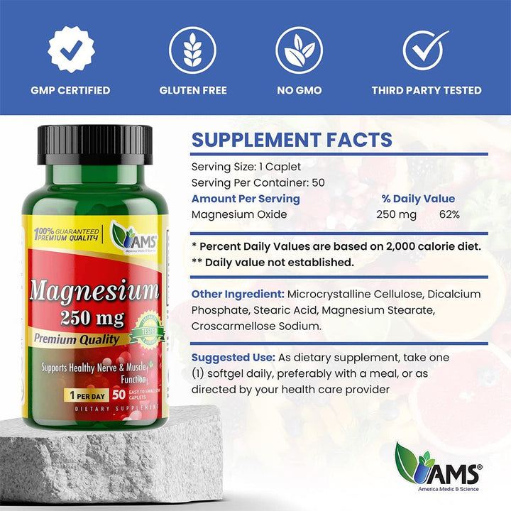 AMS Magnesium 250 mg Caplets 50's - Easy Pharmacy LLC