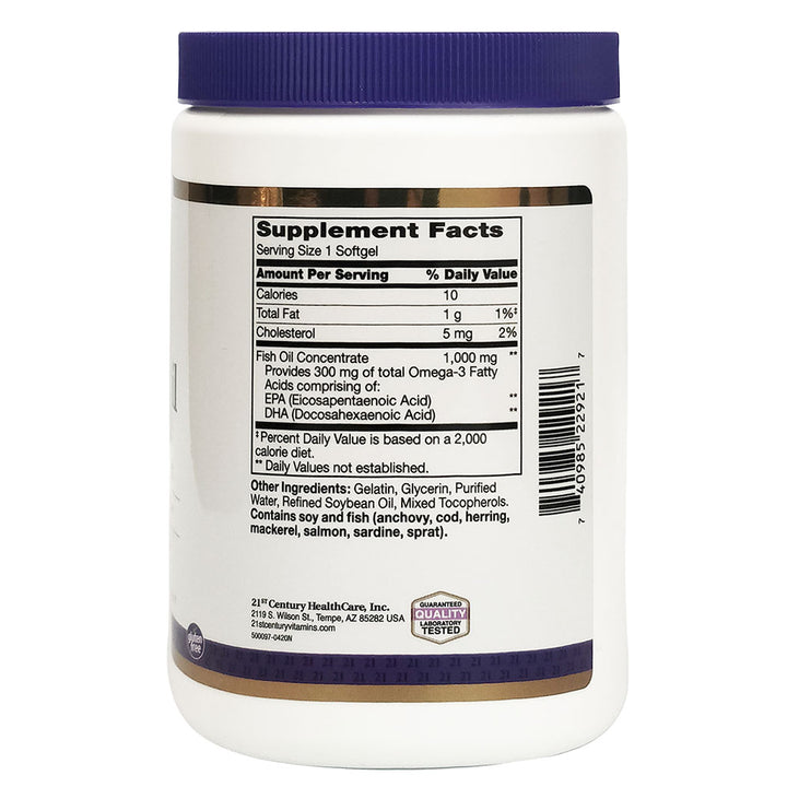 21st Century Omega 3 1000mg Fish Oil Supplement Softgels, Pack of 300's - Easy Pharmacy LLC
