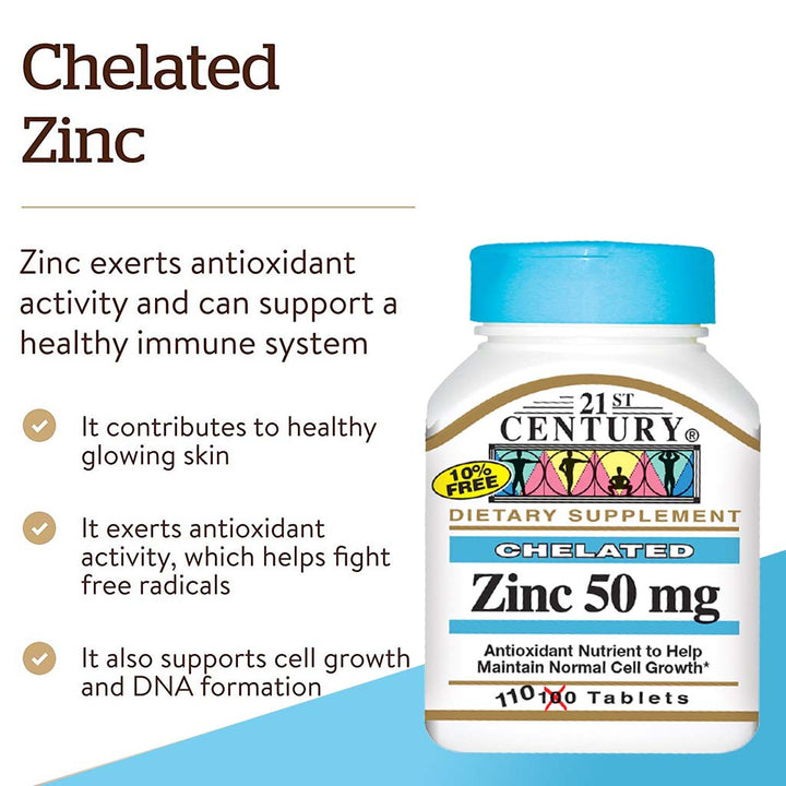 21st Century 50mg Chelated Zinc Tablets For Antioxidant Support, Pack of 110's - Easy Pharmacy LLC