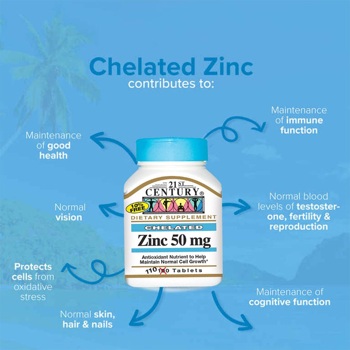 21st Century 50mg Chelated Zinc Tablets For Antioxidant Support, Pack of 110's - Easy Pharmacy LLC