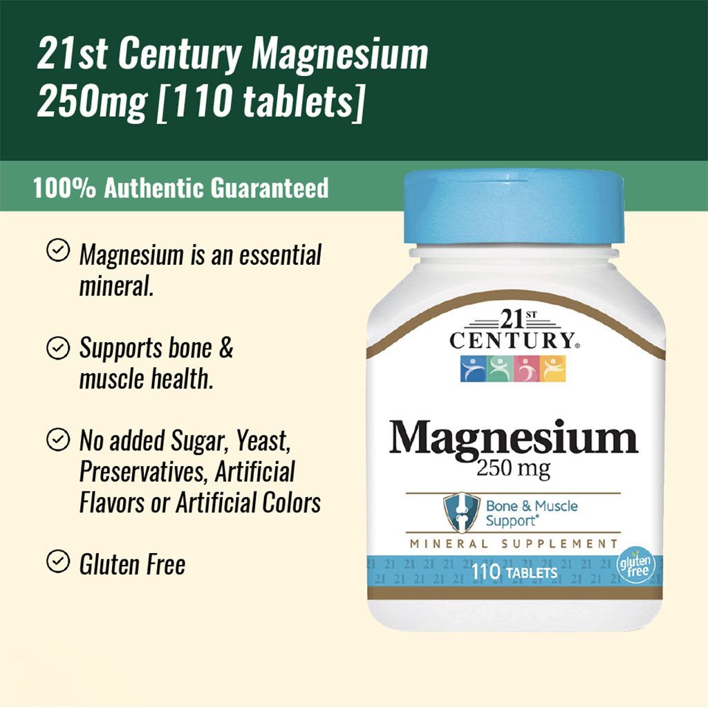 21st Century Magnesium 250mg Gluten-Free Tablets For Bone & Muscle Support, Pack of 110's - Easy Pharmacy LLC