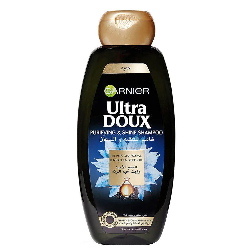 Garnier Ultra Doux Black Charcoal + Nigella Seed Oil Purifying & Shine Shampoo For Sensitive Scalp & Dull Hair 400 mL - Easy Pharmacy LLC