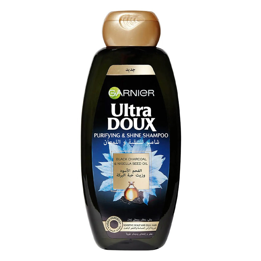 Garnier Ultra Doux Black Charcoal + Nigella Seed Oil Purifying & Shine Shampoo For Sensitive Scalp & Dull Hair 600 mL - Easy Pharmacy LLC