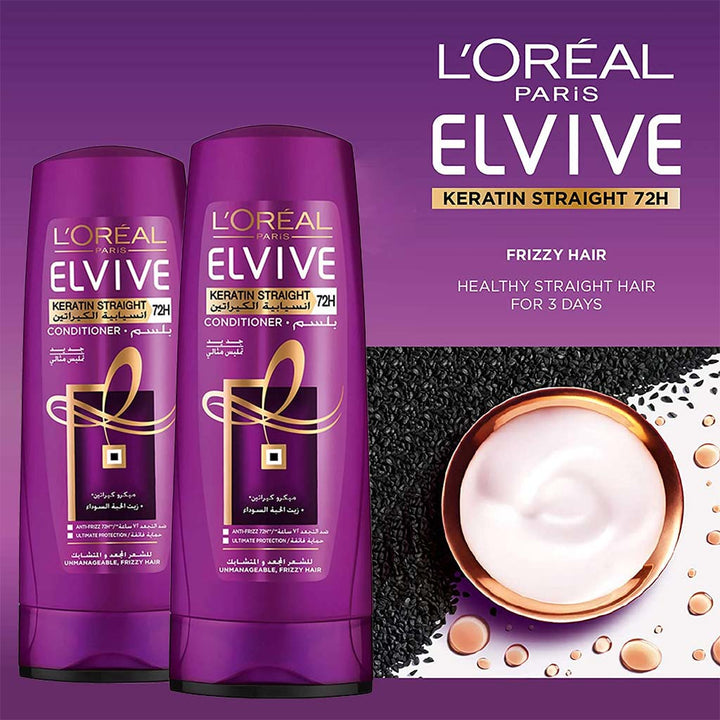 Loreal Paris Elvive Keratin Straight 72H Sleek Conditioner For Unmanageable & Frizzy Hair 400ml - Easy Pharmacy LLC