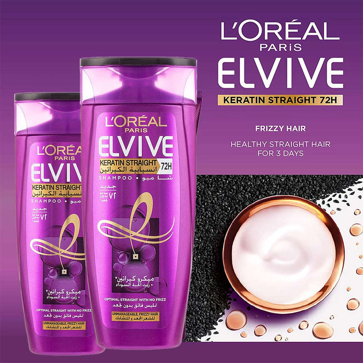 Loreal Paris Elvive Keratin Straight 72H Sleek Shampoo For Unmanageable & Frizzy hair 400ml - Easy Pharmacy LLC
