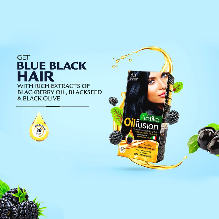 Dabur Vatika Oil Fusion Permanent Hair Color Kit- Blue Black 108ml - Easy Pharmacy LLC