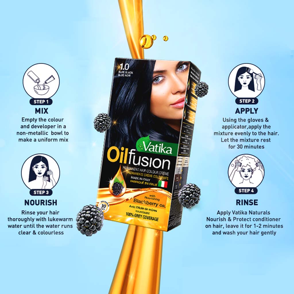 Dabur Vatika Oil Fusion Permanent Hair Color Kit- Blue Black 108ml - Easy Pharmacy LLC