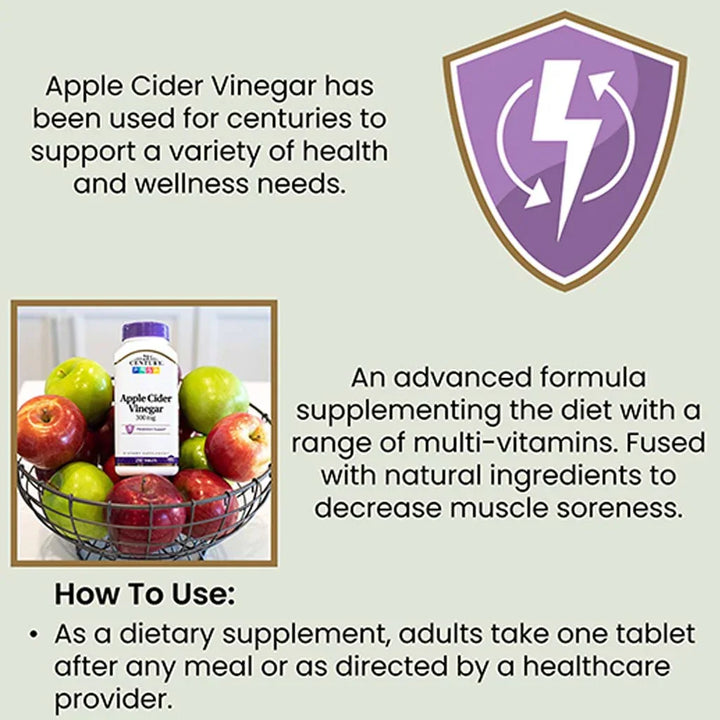 21st Century Apple Cider Vinegar 300mg Tablets For Detoxification & Metabolism Support, Pack of 250's - Easy Pharmacy LLC