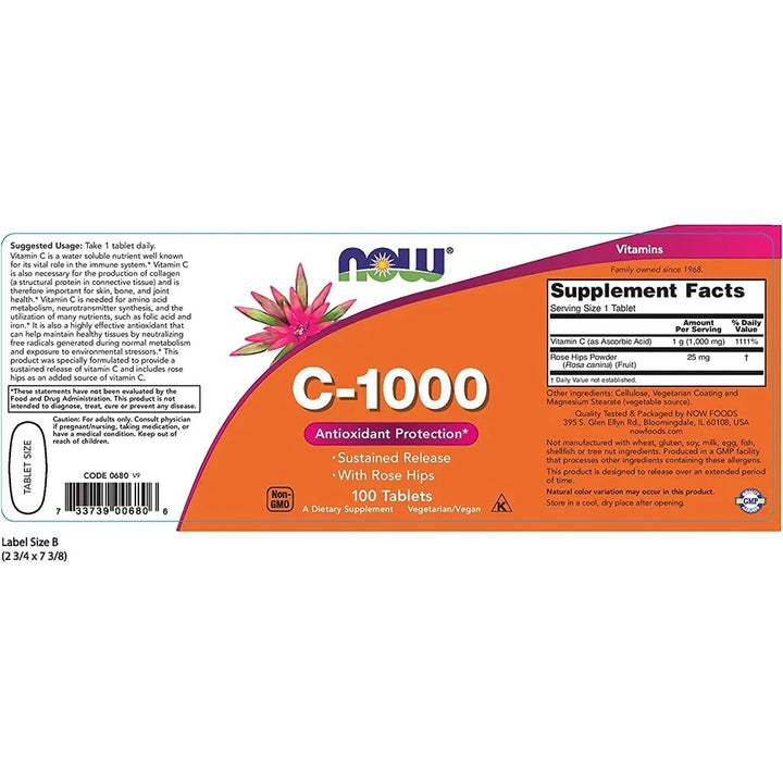 Now Vitamin C 1000mg Sustained Release Tablets With Rose Hips For Antioxidant Protection & Immune Support, Pack of 100's - Easy Pharmacy LLC