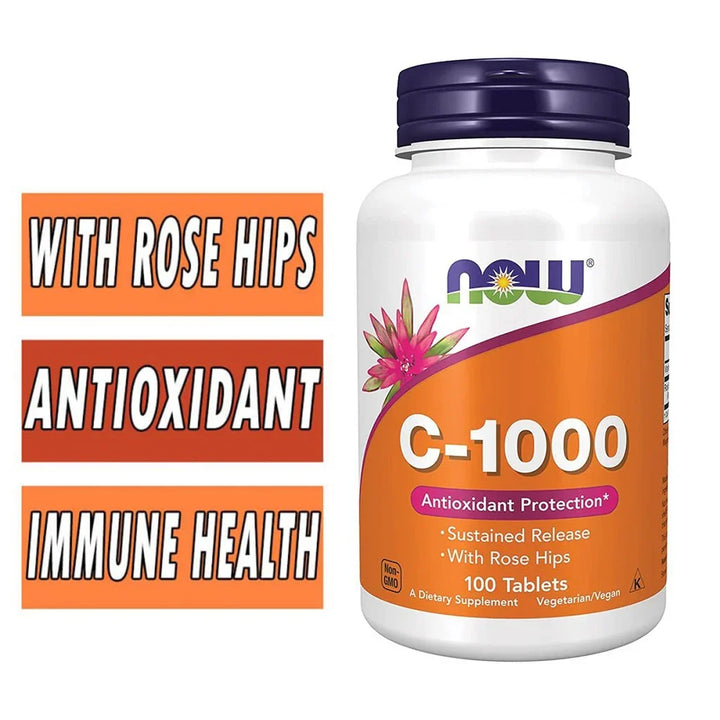 Now Vitamin C 1000mg Sustained Release Tablets With Rose Hips For Antioxidant Protection & Immune Support, Pack of 100's - Easy Pharmacy LLC
