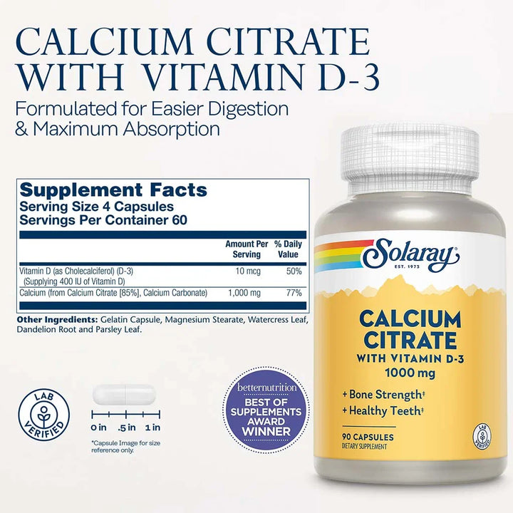 Solaray Calcium Citrate 1000 mg With Vitamin D3 Capsule 90's - Easy Pharmacy LLC