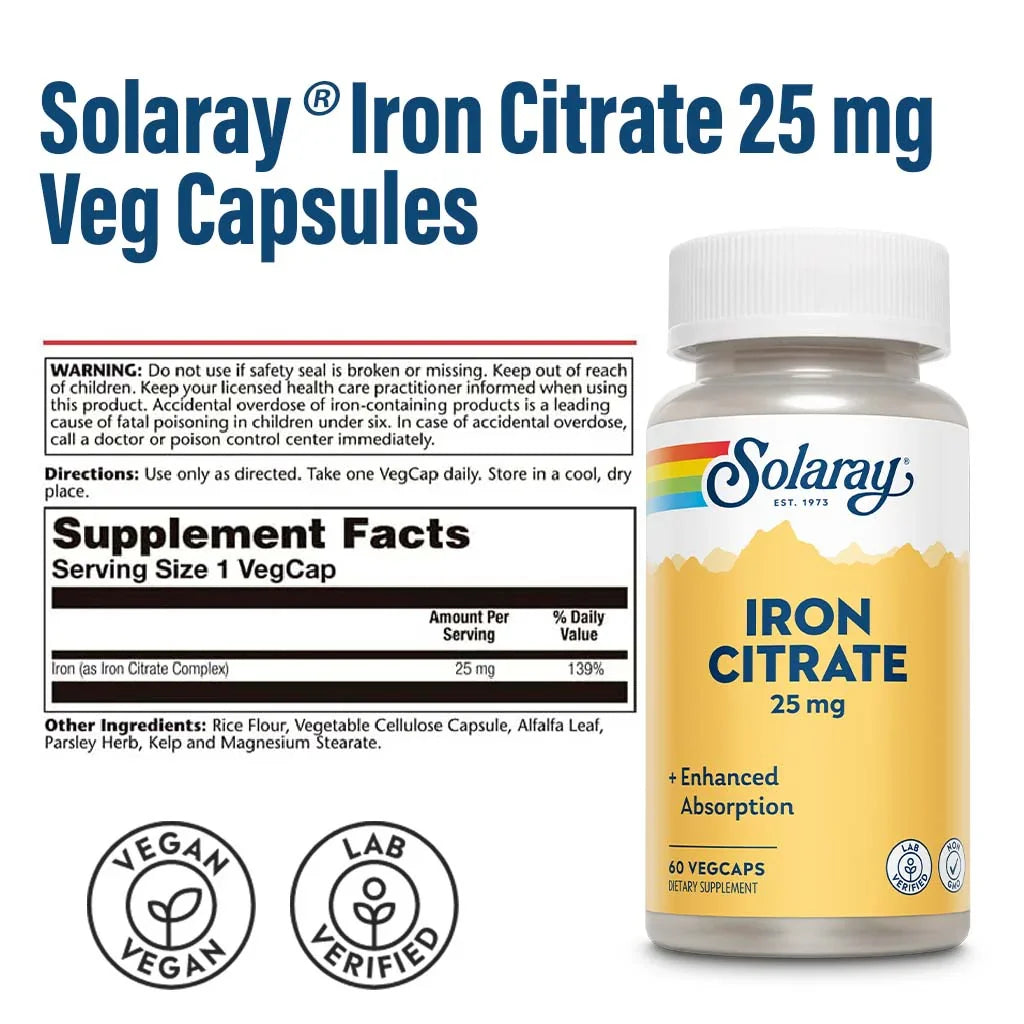 Solaray® Iron Citrate 25 mg Veg Capsules 60's - Easy Pharmacy LLC