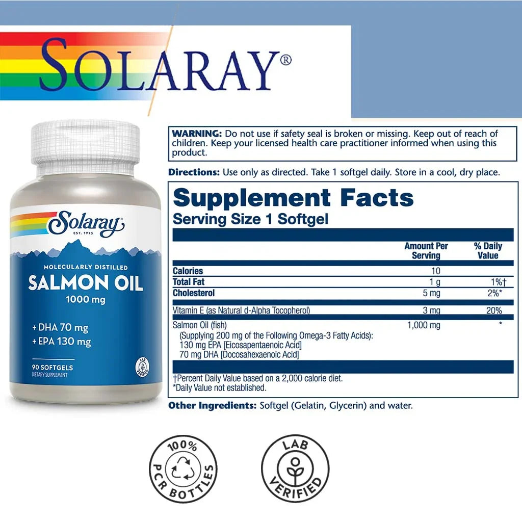 Solaray Salmon Oil 1000mg Omega 3 Fish Oil Supplement Softgels, Pack of 90's - Easy Pharmacy LLC