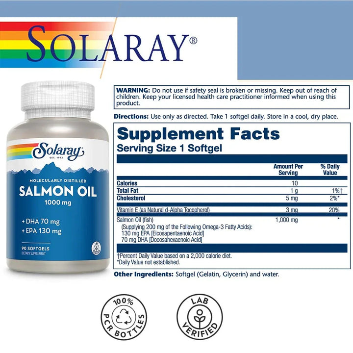 Solaray Salmon Oil 1000mg Omega 3 Fish Oil Supplement Softgels, Pack of 90's - Easy Pharmacy LLC