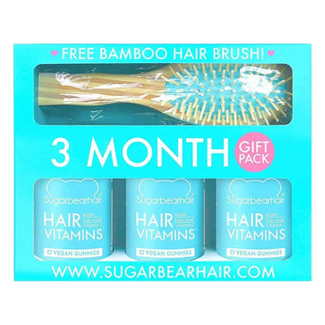 SugarBear Hair Vitamins Vegan Gummies 3-Month Gift Pack with Bamboo Hair Brush, 60 Gummies