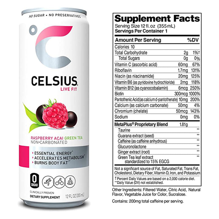 Celsius Raspberry Acai Green Tea Non-Carbonated Fitness Drink - Easy Pharmacy LLC
