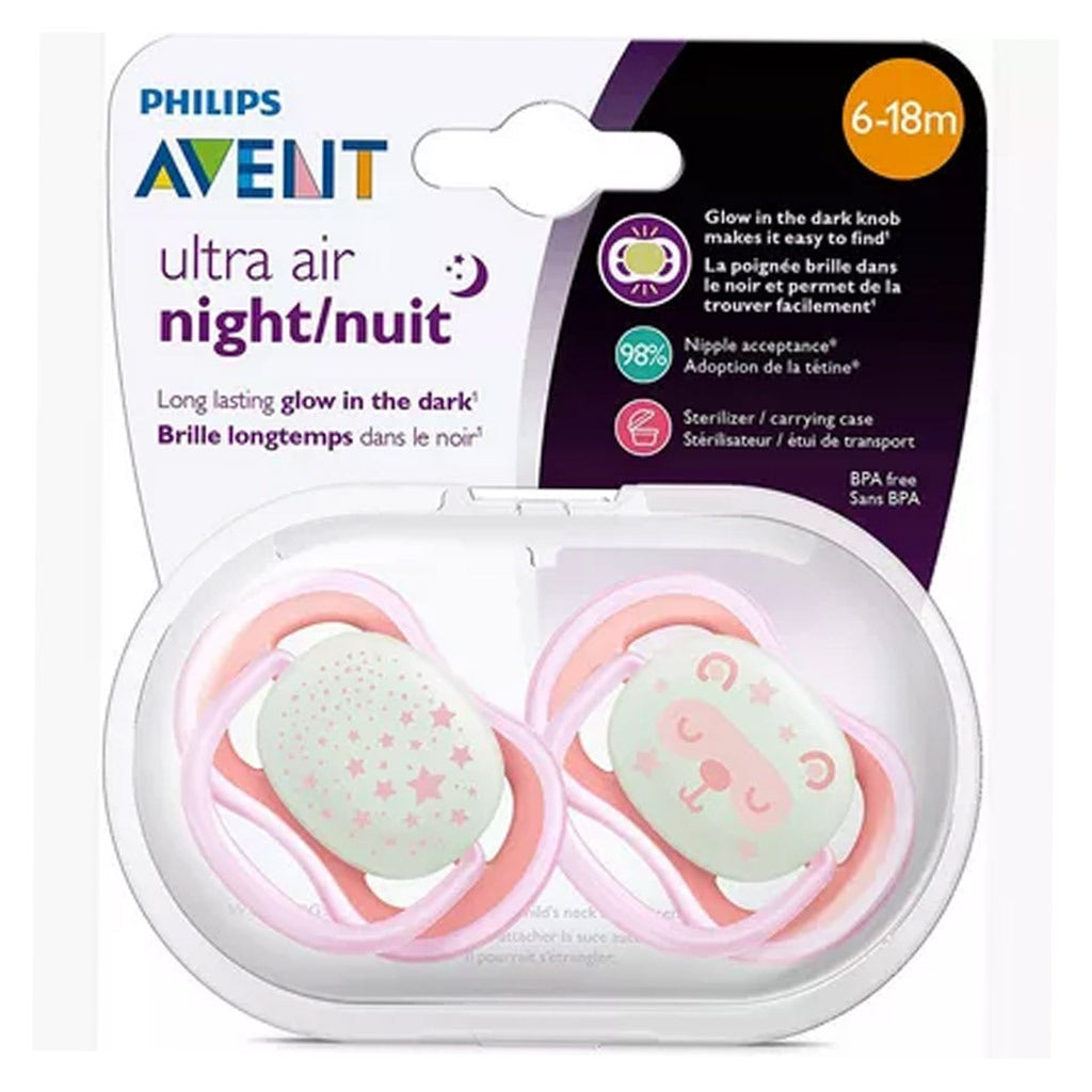 Philips Avent Ultra Air Silicone Soother Night Time For 6-18 Months Baby Girl, Pack of 2's - Easy Pharmacy LLC