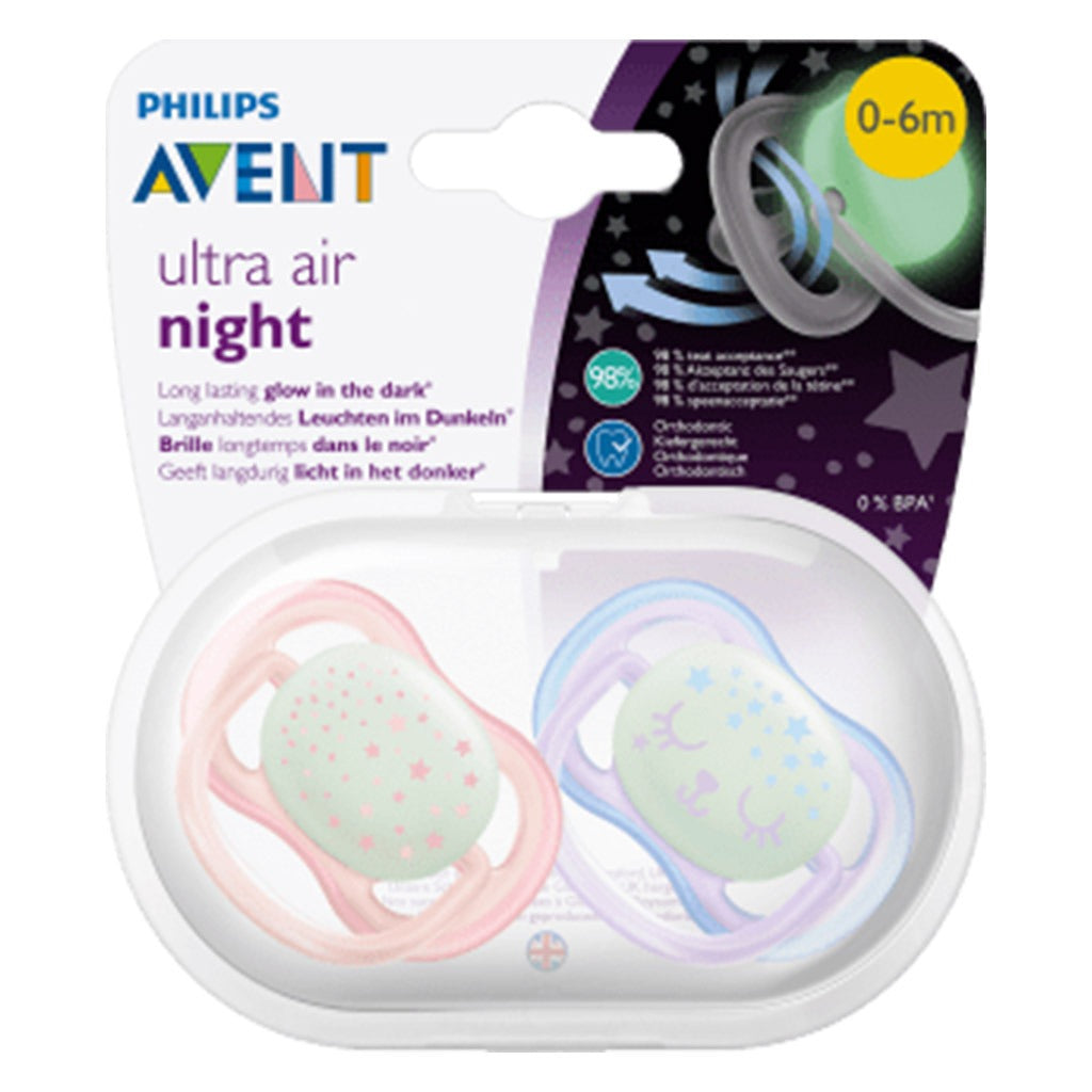 Philips Avent Ultra Air Silicone Soother Night Time For 0-6 Months Baby Girl, Pack of 2's - Easy Pharmacy LLC